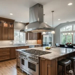A beautiful island-mount stainless steel kitchen range hoods hanging over a kitchen island.
