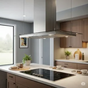A stylish island 36 inch kitchen hood hanging elegantly above a kitchen island with a cooktop.