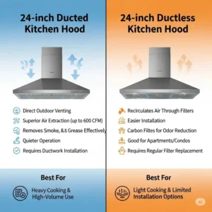 An infographic comparing the features and benefits of a ducted kitchen hood 24 inches versus a ductless model.