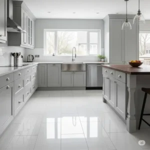 Before and after of a kitchen renovation, transforming the space with new, clean white kitchen floor tiles for a refreshed look.