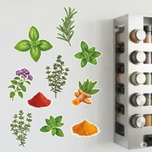 Removable vinyl kitchen wall art stickers shaped like herbs and spices near a spice rack.