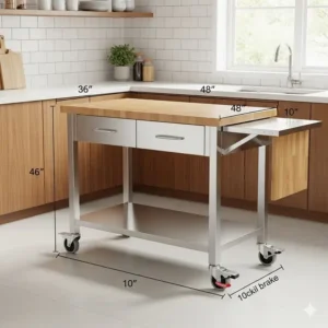 A versatile mobile kitchen preparation table with caster wheels and a lockable brake, making it easy to move for cleaning or reconfiguring the workspace.