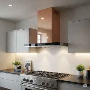 A sleek, modern kitchen showcases minimalist copper kitchen hood vents with clean lines and a polished, shiny surface that reflects the ambient lighting, perfect for a contemporary design.