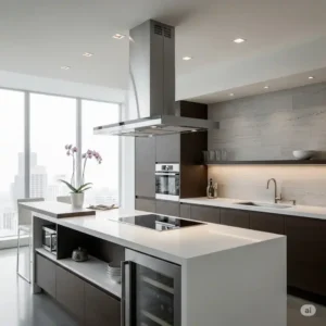 A high-end kitchen with a contemporary design, showcasing a ceiling mount kitchen hood as a central, elegant feature.