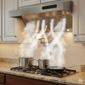 An image showing the powerful ventilation of a kitchen hood insert in action, effectively removing steam and smoke.