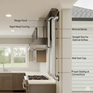 A visual guide demonstrating the correct way to install kitchen hood ducting, emphasizing straight runs and minimal bends for optimal performance.