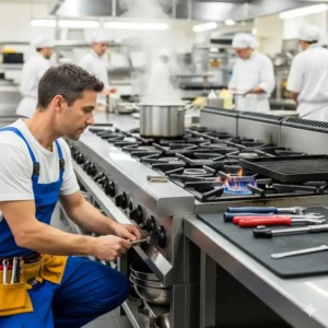 An expert technician efficiently performing commercial kitchen equipment repair on a gas stove in a restaurant kitchen.
