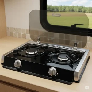 A two-burner propane cooktop with a protective glass lid, a key piece of rv kitchen appliances.