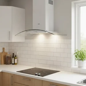 A clean, wall-mounted white kitchen hood with a curved glass canopy, offering a stylish and functional ventilation option for a small kitchen.