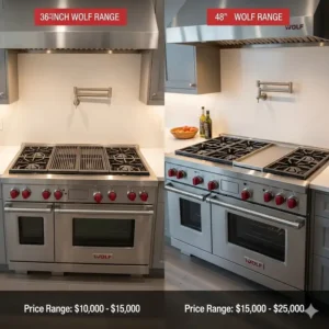 "A visual comparison of a 36-inch versus a 48-inch Wolf range, helping potential buyers understand the size differences and how they relate to the range of Wolf kitchen range prices."