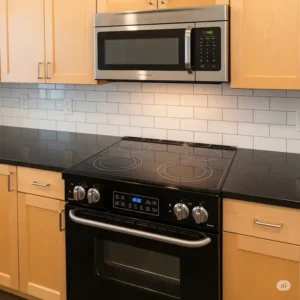 An image showing the seamless installation of a 24-inch electric range, fitting perfectly between kitchen cabinets for a built-in look.