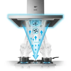 An animation or graphic demonstrating the powerful suction and ventilation of a 36 inch kitchen hood removing steam and smoke.