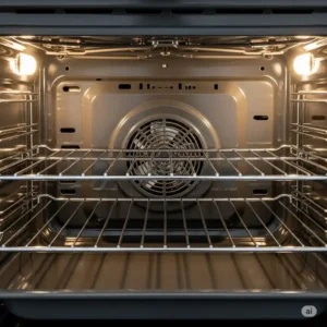 The interior of a 36 range's oven, showing the convection fan and multiple racks for even heat distribution.
