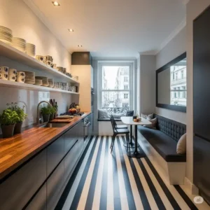 A narrow kitchen with a visually elongating black and white kitchen floor in a striped pattern.
