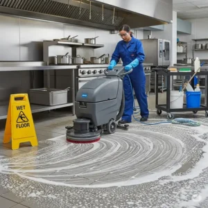 An image showing a person cleaning a commercial kitchen floor with appropriate tools and cleaning agents, demonstrating best practices for maintenance.