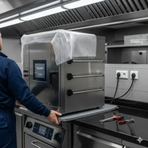 A new commercial kitchen steamer being installed by a technician, showing its integration into a modern kitchen layout.