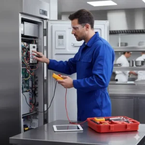 A repairman using a diagnostic tool to identify a problem with a commercial refrigerator, vital for commercial kitchen equipment repair.
