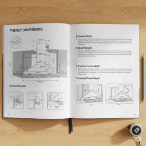 A detailed guide with diagrams explaining the key dimensions to measure when choosing a kitchen hood insert.