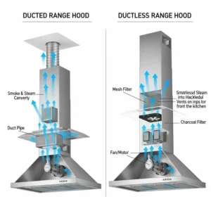 A diagram illustrating the difference between a ducted and a ductless stainless steel kitchen range hoods. kitchen range hoods stainless steel