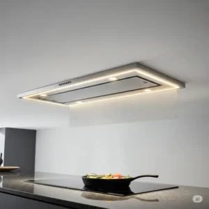 An image of a ductless ceiling mount kitchen hood, emphasizing its filtration system and recirculation feature.