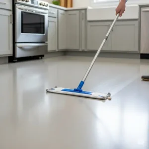 A hand with a mop easily cleaning a spotless epoxy kitchen floor, emphasizing the low-maintenance and hygienic benefits of a non-porous, seamless surface.