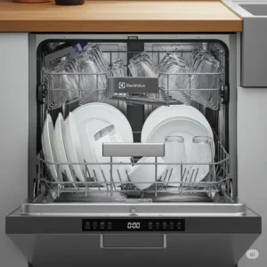 Electrolux kitchen appliances: A dishwasher with its door ajar, showing a rack of clean dishes.