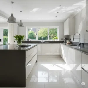 Elegant kitchen featuring high-gloss white kitchen floor tiles, reflecting light and making the room appear larger and brighter.