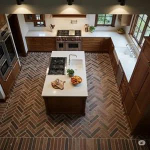 An overhead view highlighting the elegant herringbone pattern of this brick floor kitchen, adding a sophisticated touch to the design.