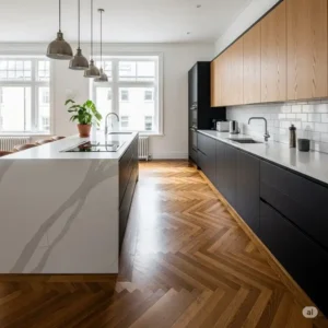 A unique kitchen design featuring a herringbone pattern, showcasing the elegance of wood floors in kitchen.