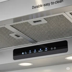 A close-up shot of a durable, easy-to-clean stainless steel kitchen hood 24 inches filter and control panel.