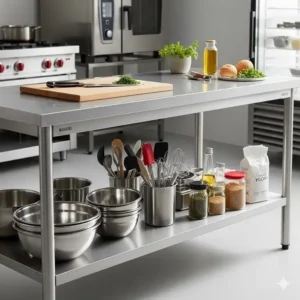  A professional kitchen preparation table featuring a convenient undershelf for storing essential tools and ingredients, keeping the main workspace clear.