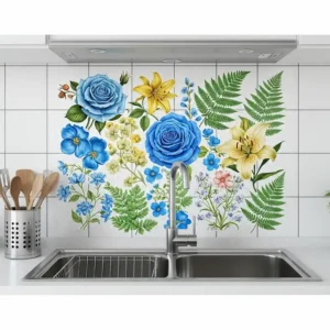 Waterproof kitchen wall art stickers with a floral pattern, positioned above a sink.
