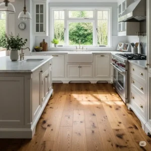 A timeless kitchen with natural oak hardwood floor in kitchen with white cabinets, offering a durable and beautiful foundation for the room.