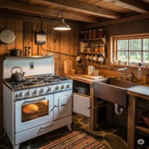 This off-grid cabin kitchen is powered by a liquid propane kitchen stove for cooking.
