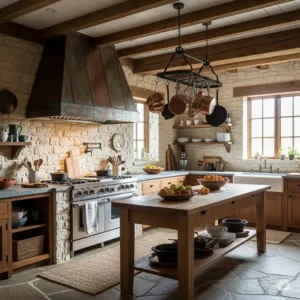 A rustic kitchen with large, custom-made copper kitchen hood vents featuring a distressed, darker patina finish, which adds warmth and character to the space and complements the wooden beams and stone accents.