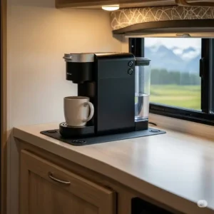 A small, compact coffee maker designed for limited counter space among the rv kitchen appliances.