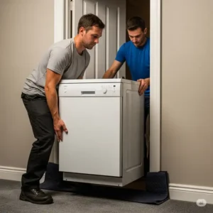 A kitchen appliances movers team carefully carrying a dishwasher through a doorway, illustrating the teamwork required.