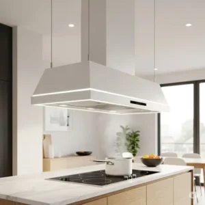 A stunning kitchen island with an elegant white kitchen hood suspended from the ceiling, designed to vent smoke and steam from a cooktop below.