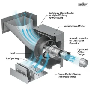 A detail shot of the adjustable LED lighting on a Wolf kitchen hood, illuminating the cooktop for better visibility.