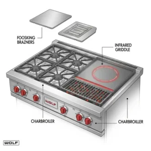"An illustration showing the different cooktop configurations for a Wolf range, including the infrared griddle and charbroiler options."