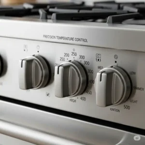 Detailed view of the control knobs and front panel of a 24-inch gas range, highlighting the precise temperature control and easy-to-read markings.