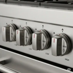 A detailed shot of the sturdy, ergonomic control knobs on a 36 range, emphasizing quality and design.