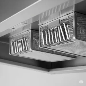 A close-up of the removable, dishwasher-safe baffle filters inside a 36 inch kitchen hood.