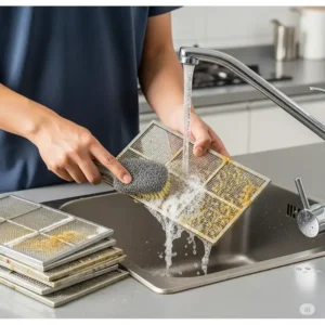 A person cleaning the metal grease filters from a recirculation kitchen hood.