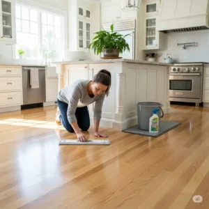  A person cleaning wood floors in kitchen with a microfiber mop, demonstrating proper care techniques for this type of flooring.