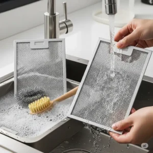 A large commercial kitchen space equipped with a powerful, industrial-style ceiling mount kitchen hood for heavy-duty ventilation.