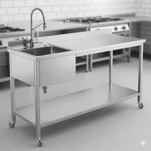 A space-saving commercial kitchen preparation table that integrates a compact sink, perfect for quick washing tasks.
