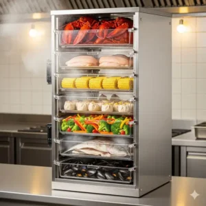 An upright commercial kitchen steamer with multiple stacked baskets, each holding different types of food for simultaneous steaming.