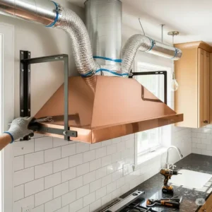 An image showing the process of installing new copper kitchen hood vents, with a focus on the mounting brackets and ductwork.