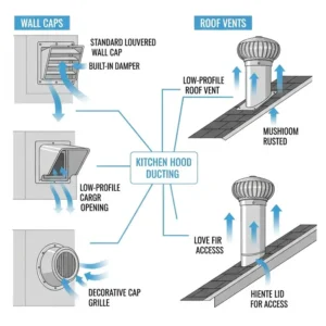 Diagram showing different exterior vent cap options for kitchen hood ducting, such as wall caps and roof vents.